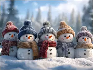 Szaliki, Grafika AI, Czapki, Bałwany, Zima