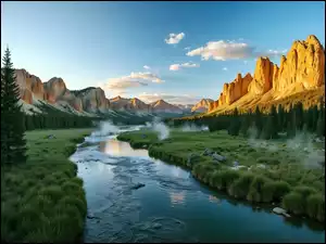 Góry skaliste między korytem rzeki z trawą i oparami porannymi