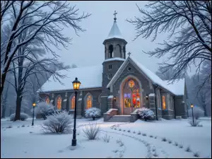 Zapalone latarnie oraz ośnieżone drzewa obok oświetlonego kościoła zimową porą