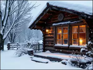 Drewniany, Dom, Światło, Grafika AI, Okno, Zima