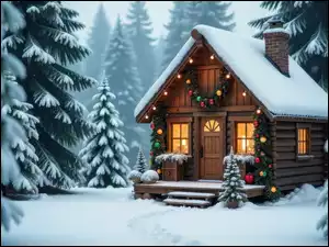 Zima, Las, Grafika AI, Boże Narodzenie, Dom, Drzewa, Ośnieżone
