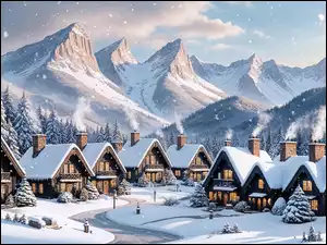 Śnieg, Wioska, Domy, Góry