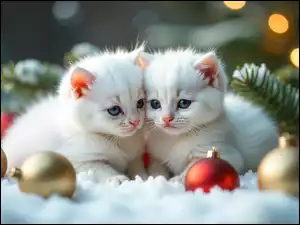 Małe, Białe, Grafika AI, Dwa, Śnieg, Bombki, Koty