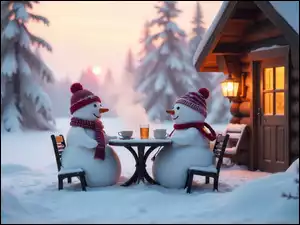 Stolik, Zima, Czapki, Krzesła, Dwa, Szaliki, Dom, Bałwanki