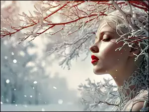 Twarz, Kobieta, Oczy, Śnieg, Zamknięte, Gałązki