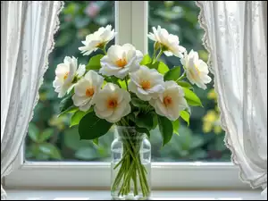 Białe, Bukiet, Wazon, Firanki, Kwiaty, Okno
