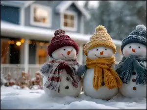 Bałwanki, Kolorowe, Grafika AI, Trzy, Zima, Szaliki, Czapki