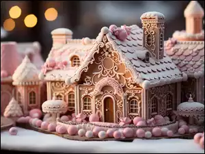 Białe, Boże Narodzenie, Domek, Kulki, Piernik, Różowe, Al, Udekorowany