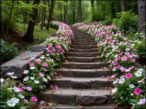 Drzewa, Schody, Kwiaty