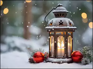 Świerk, Zima, Świeca, Bombki, Śnieg, Gałązki, Boże Narodzenie, Lampion