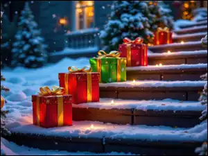 Świąteczne, Choinki, Schody, Grafika AI, Prezenty, Światła