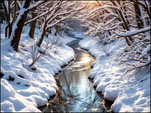 Rzeka, Drzewa, Las, Zima, Śnieg