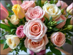 Kolorowe, Tulipany, Kwiaty, Bukiet, Róże