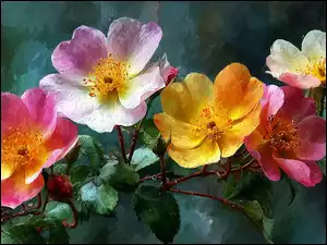 Kolorowe, Róże, Gałązka, Grafika AI, Kwiaty, Liście