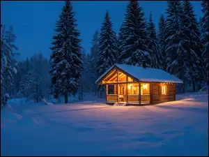 Oświetlony, Drzewa, Drewniany, Zima, Dom