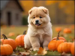 Szczeniak, Chow chow, Grafika AI, Pies, Jesień, Liście, Dynie