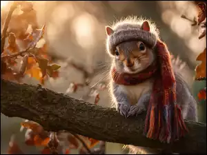 Wiewiórka w czapce i szaliku oraz jesienne liście na gałęzi