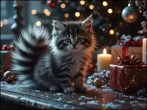 Świece, Grafika AI, Prezent, Kot, Choinka