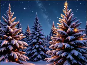 Niebo, Las, Światełka, Gwiazdy, Drzewa, Zima, Grafika AI, Choinki
