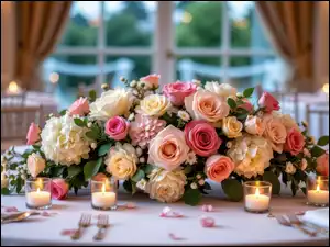 Hortensje, Stół, Róże, Kwiaty, Świece