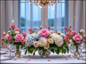 Róże, Stół, Bukiety, Grafika AI, Kwiaty, Okno