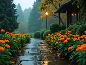 Kwiaty, Alejka, Deszcz, Krzewy, Drzewa, Latarnia, Aksamitki, Park, Dom, Pomarańczowe, Grafika AI