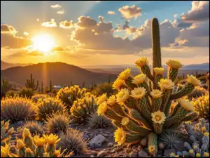 Góry, Kwitnące, Kwiaty, Kępki, Kaktusy, Słońce, Roślin, Żółte