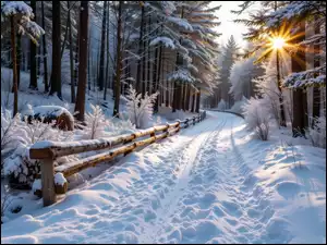 Las, Śnieg, Ogrodzenie, Zima, Promienie słońca, Droga, Ośnieżona