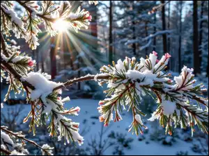 Promienie słońca, Grafika AI, Śnieg, Gałęzie, Las