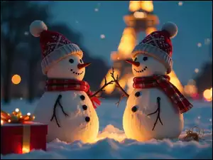 Szaliki, Zima, Bałwany, Prezent, Śnieg, Czapki, AI, Dwa
