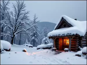 Chata, Drewniana, Zima, Grafika AI, Dom, Drzewa
