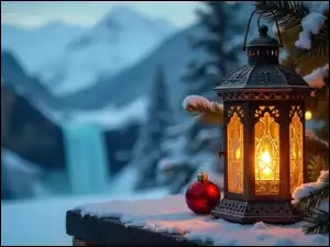 Śnieg, Lampion, AI, Boże Narodzenie, Choinka, Bombki, Świeca