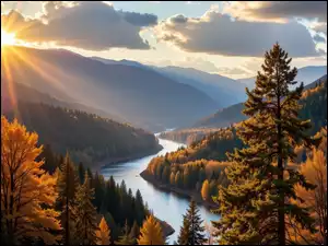Zalesione, Góry, Drzewa, Jesień, Żółte, Promienie słońca, Rzeka