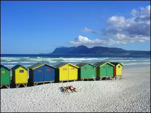 domki na plaży, Góry, Fale, Plaża, Morze