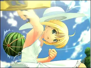 miecz, Fate Stay Night, dziewczyna, arbuz, kapelusz