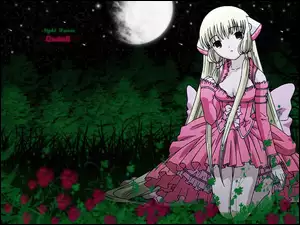 Chobits, kwiaty, dziewczyna, księżyc