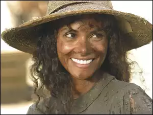 białe, słomiany, spojrzenie, zalotne, zęby, Halle Berry, kapelusz
