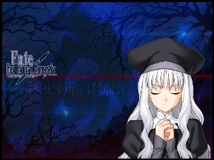 czapka, Fate Stay Night, noc, drzewa, kobieta