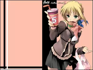 hamburger, dziewczyna, słomka, kubek, Fate Stay Night