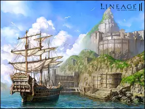 morze, Lineage 2, żaglowiec, statek, miasto