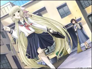 miotła, Chobits, dziewczyny, mundurek, szkoła