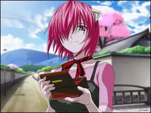 apaszka, droga, Elfen Lied, dziewczyna, pudełko, dom