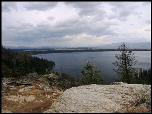 Jezioro, Drzewa, Skaliste, Wzniesienia