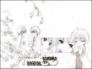 napisy, kubek, Cardcaptor Sakura, kwiaty, ludzie, szkic