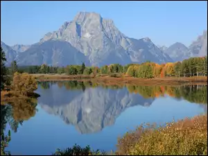 Góry Mount Moran, Stany Zjednoczone, Park Narodowy Grand Teton, Stan Wyoming, Rzeka Snake River