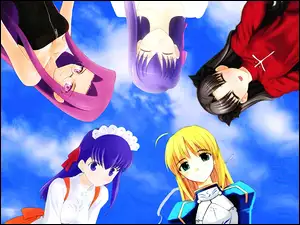 chmury, oczy, Fate Stay Night, okulary, dziewczyny, niebo