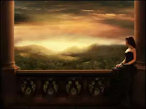 Kobieta, Balkon, Zachód, Słońca