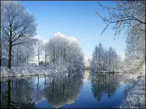 Zima, Rzeka, Drzewa, Szron