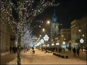 Polska, Miasto, Trakt Królewski, Noc, Warszawa