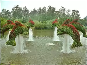 Ogród, Krzewy, Fontanny, Delfiny